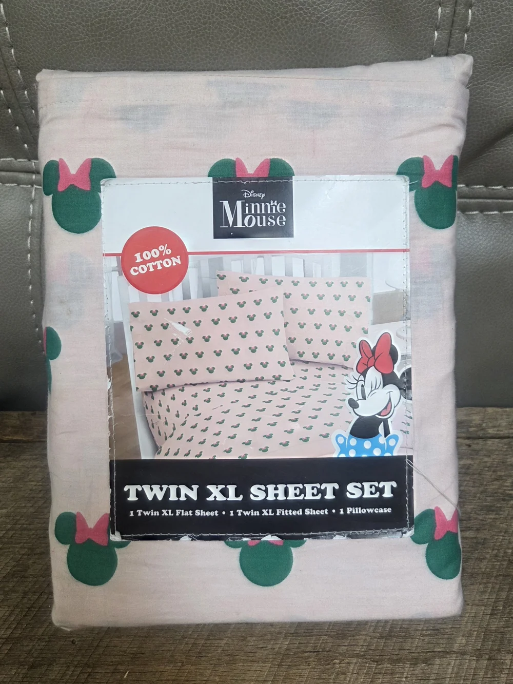 NEW ** Disney Minnie Mouse Twin XL Sheet Set 100% Cotton Pink Green ~ Bin O